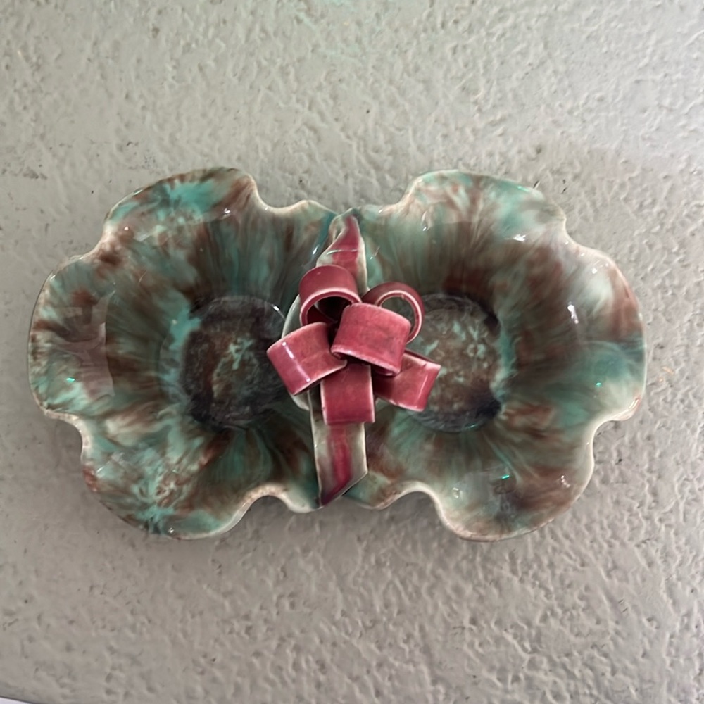 Dorette Saltzman CA Pottery Ceramic Green & Red Drip Glaze Candy Trinket Dish